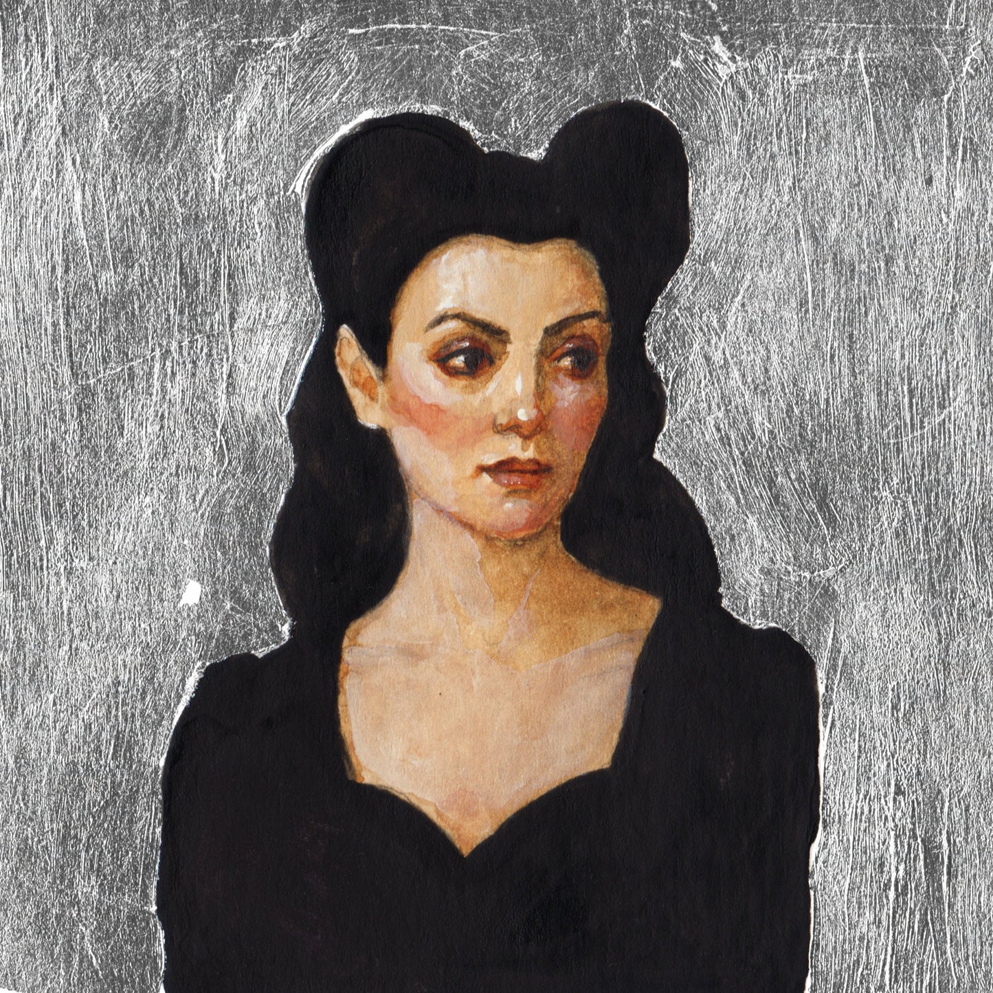 Artistic depiction of a woman with dark hair and a black top on a aluminum leafed background