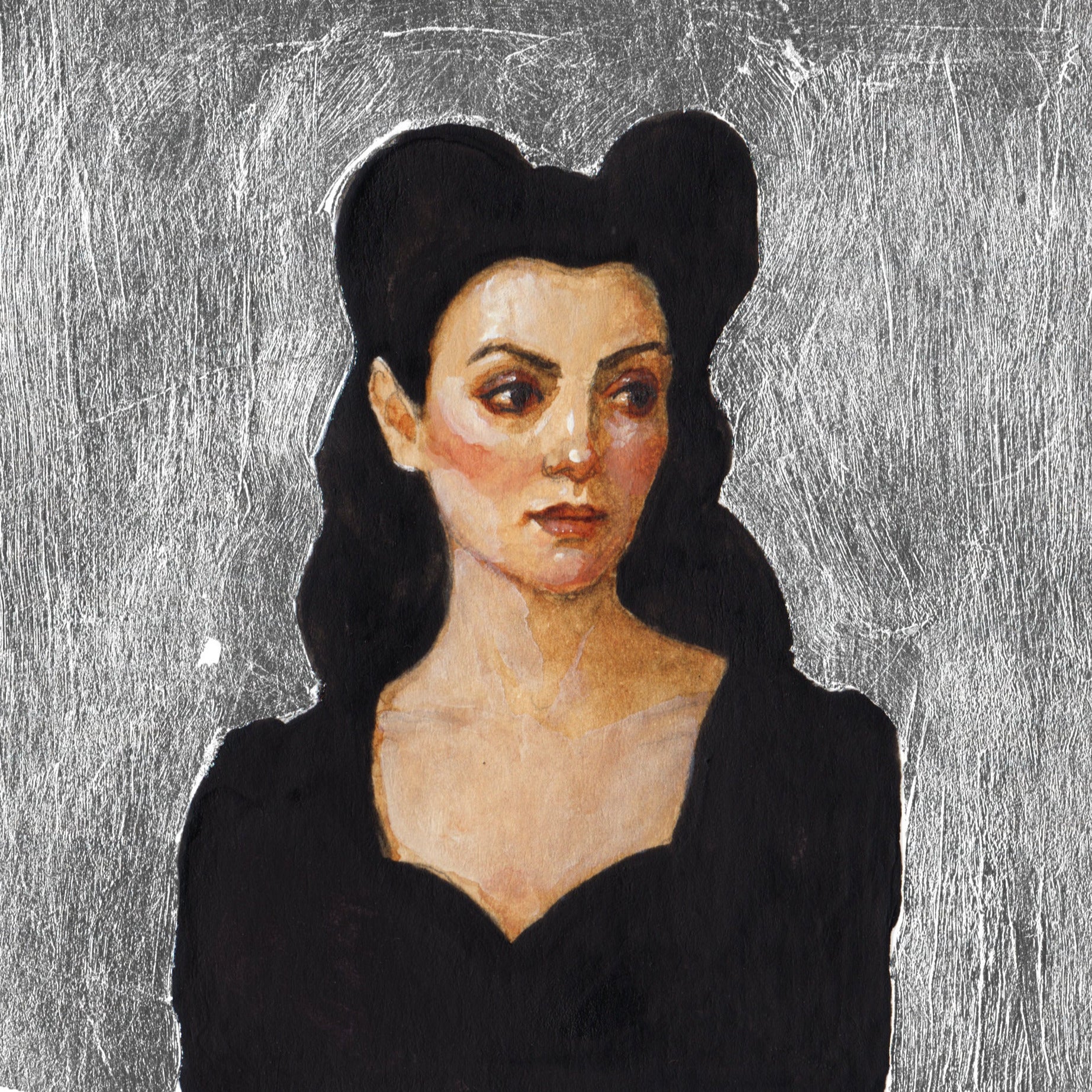 Artistic depiction of a woman with dark hair and a black top on a aluminum leafed background