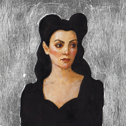 Artistic depiction of a woman with dark hair and a black top on a aluminum leafed background